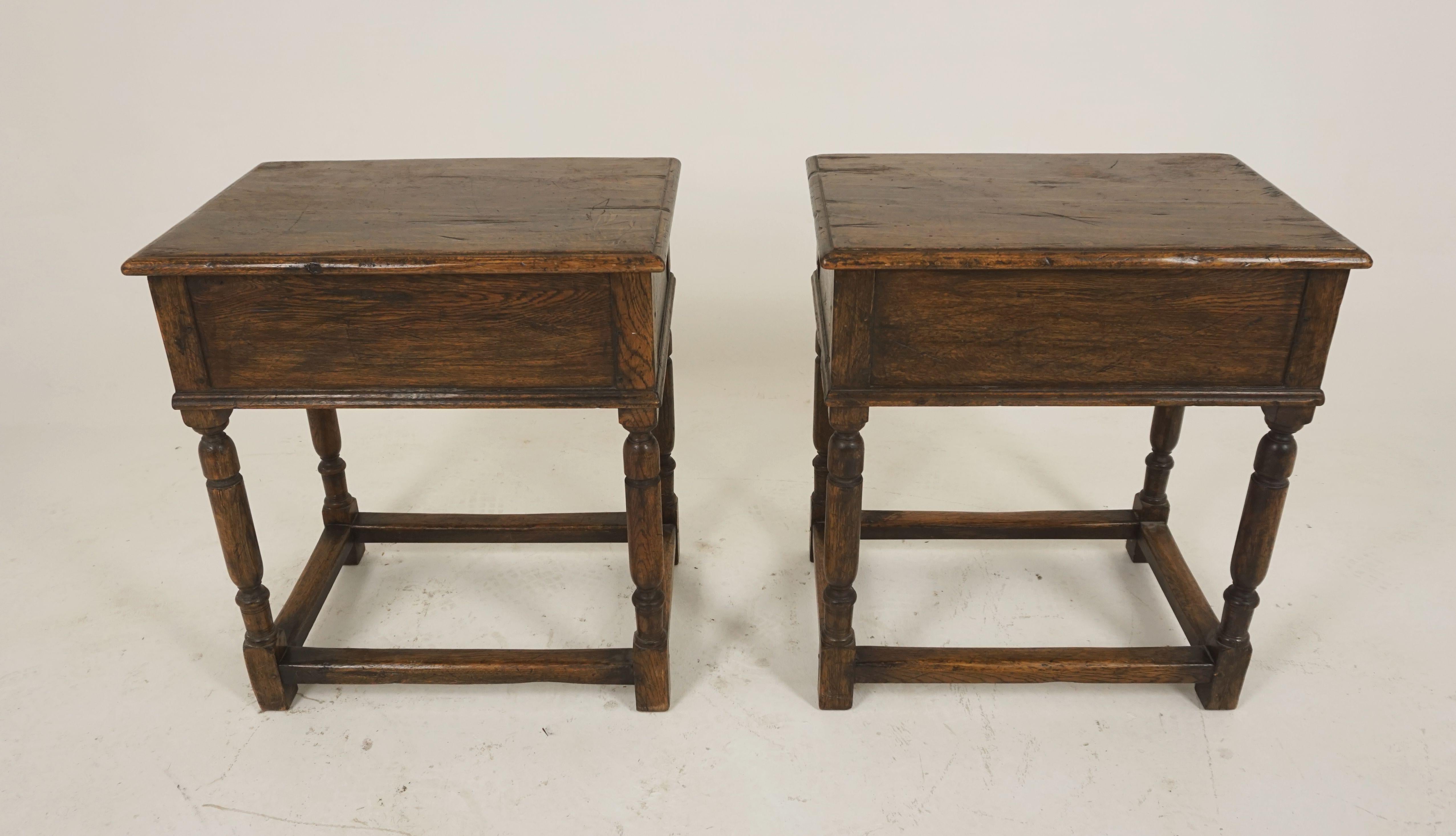 Antique Nightstands, Pair of Tudor Style Carved Oak, Scotland, 1930 3