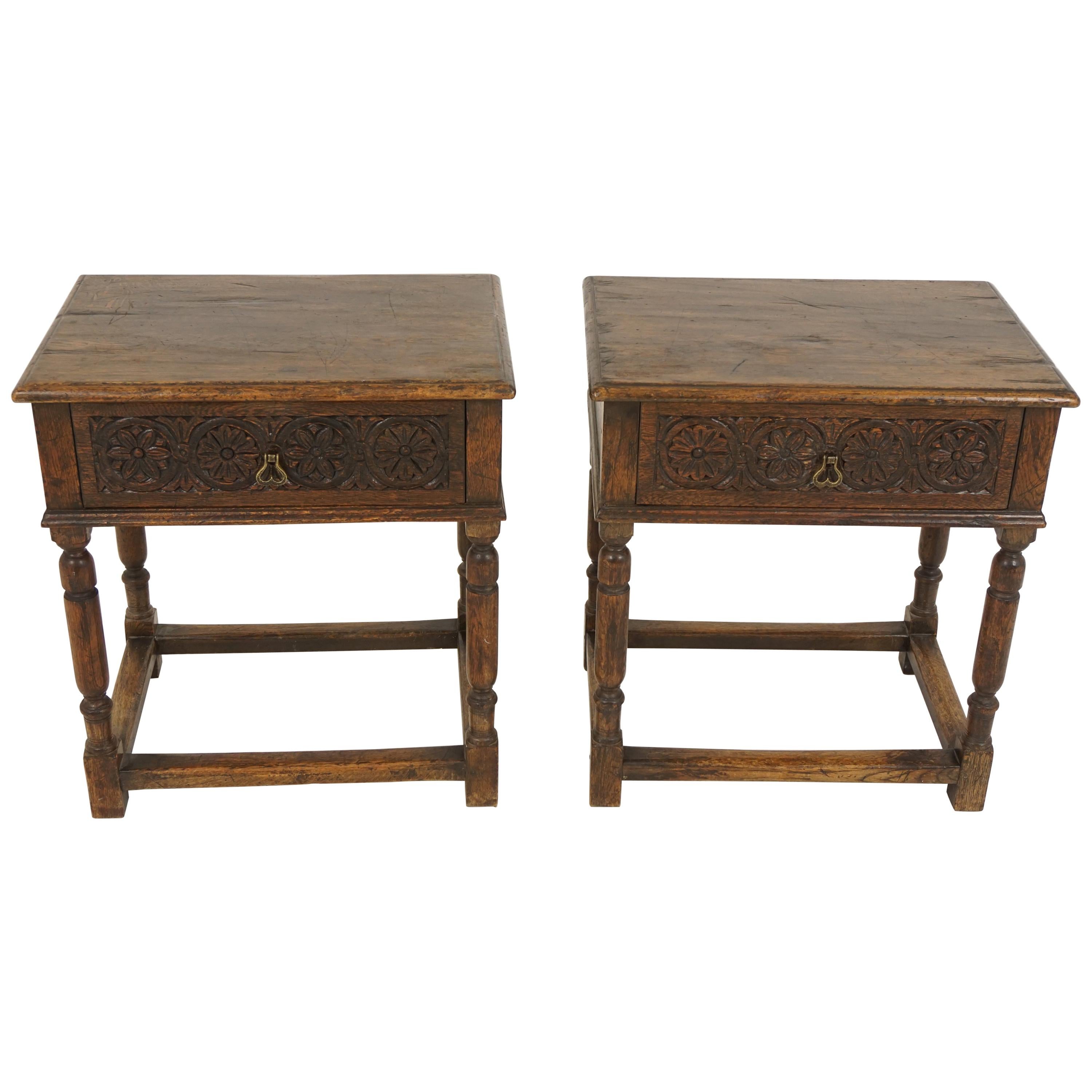 Antique Nightstands, Pair of Tudor Style Carved Oak, Scotland, 1930