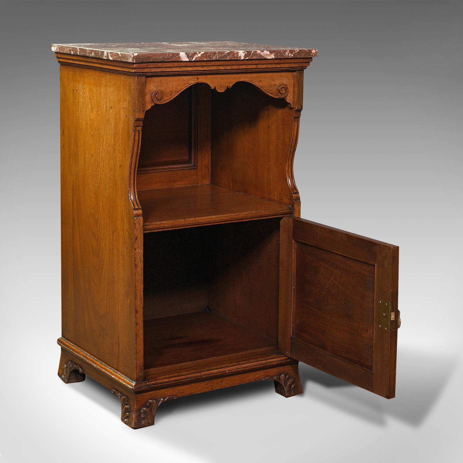 This is an antique nightstand. An English, walnut and marble, pot cupboard or bedside cabinet by Gillow & Co of Lancaster, dating to the Victorian period, circa 1890.

Tastefully appointed and of appealing proportion
Displays a desirable aged