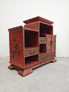 Antique Nightstands in red lacquer and hand painted ornaments, China 1800s
