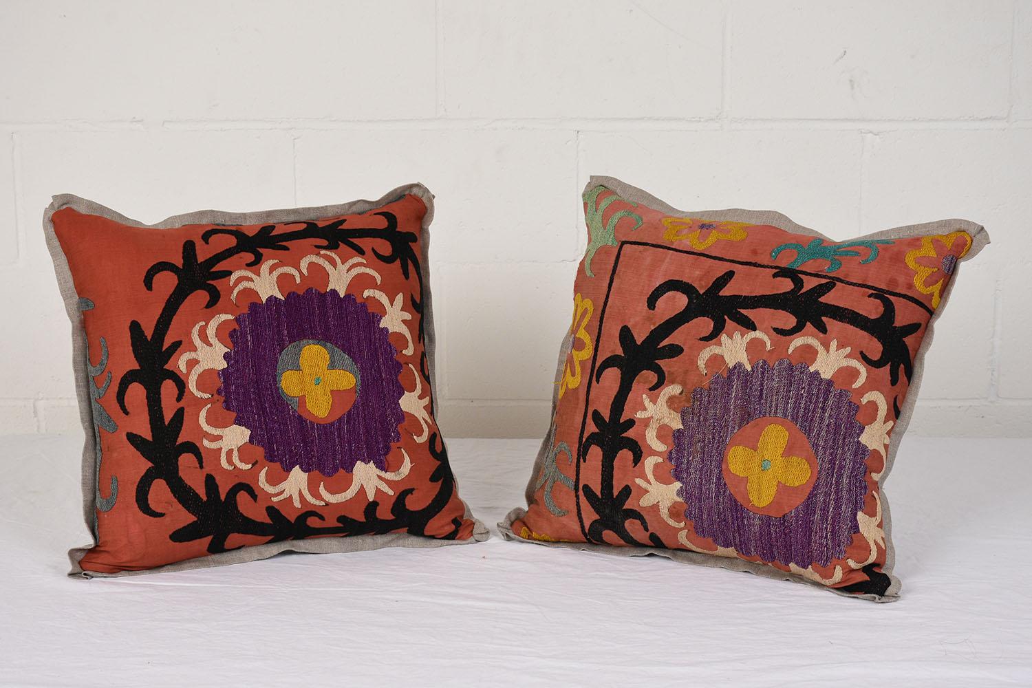 Arts and Crafts Antique Nim Suzani Embroidered Pillows with Belgium Linen Accents For Sale