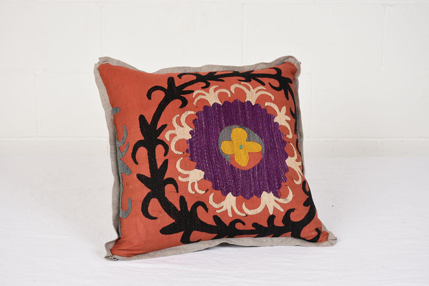 Antique Nim Suzani Embroidered Pillows with Belgium Linen Accents In Good Condition For Sale In Los Angeles, CA