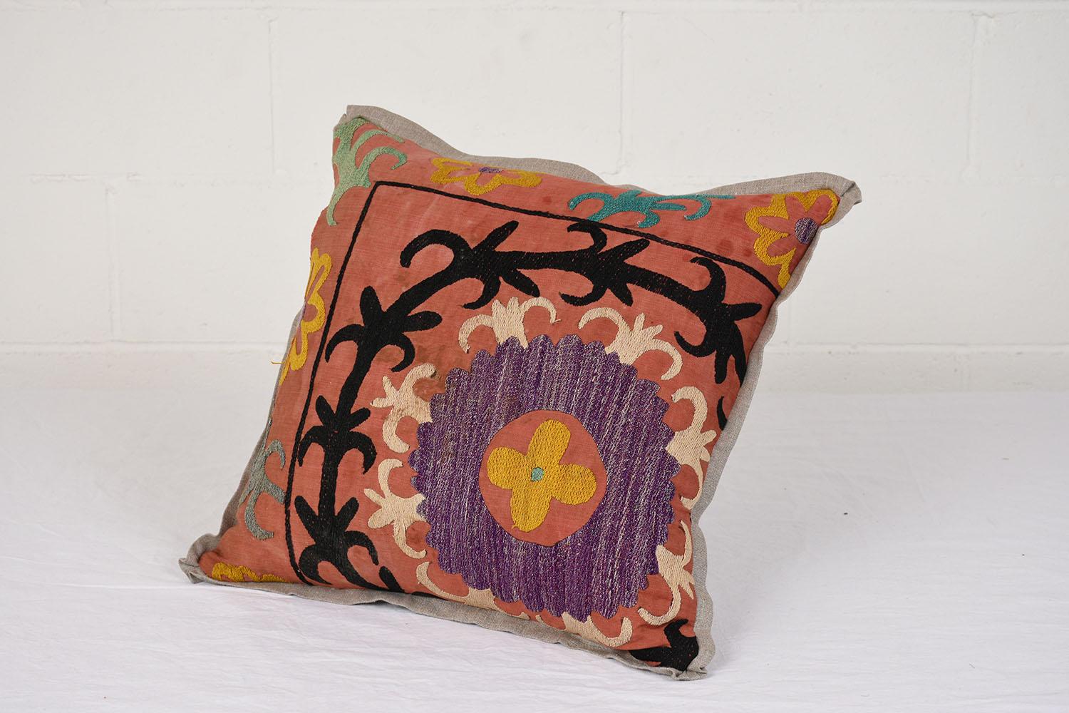Late 19th Century Antique Nim Suzani Embroidered Pillows with Belgium Linen Accents For Sale