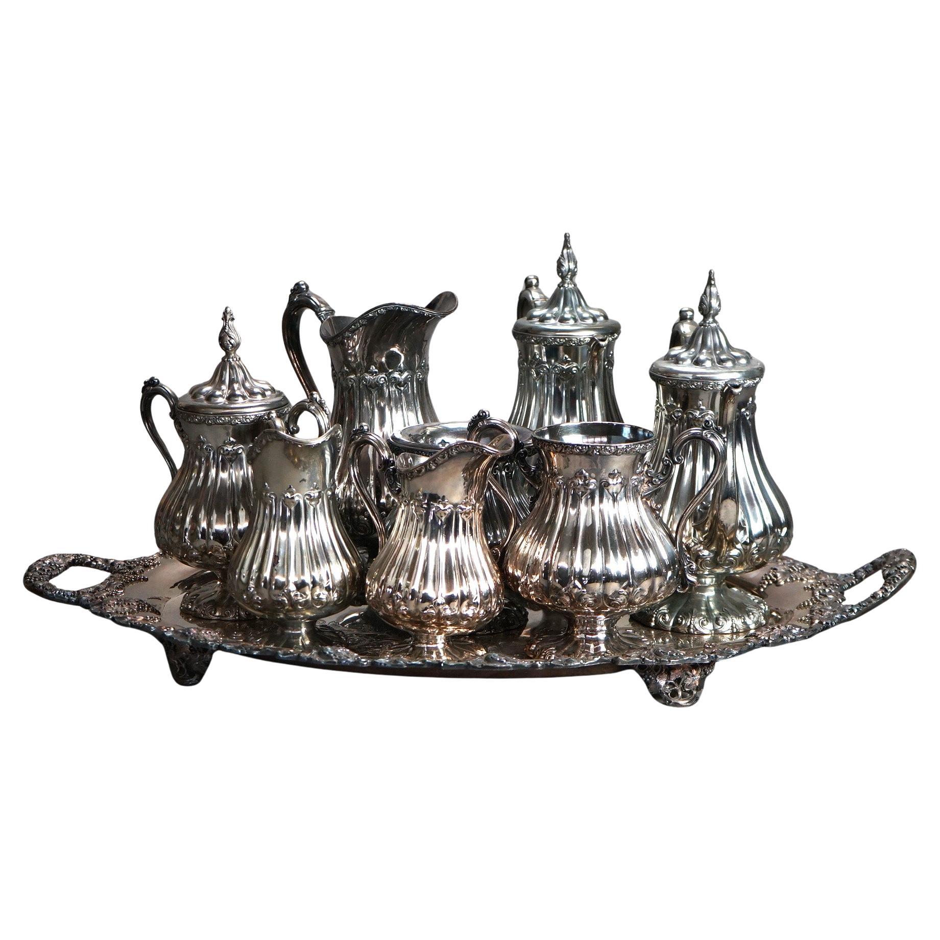 Antico nove pezzi Rogers, Smith & Co. Servizio da tè a forma di melone placcato in argento C1890