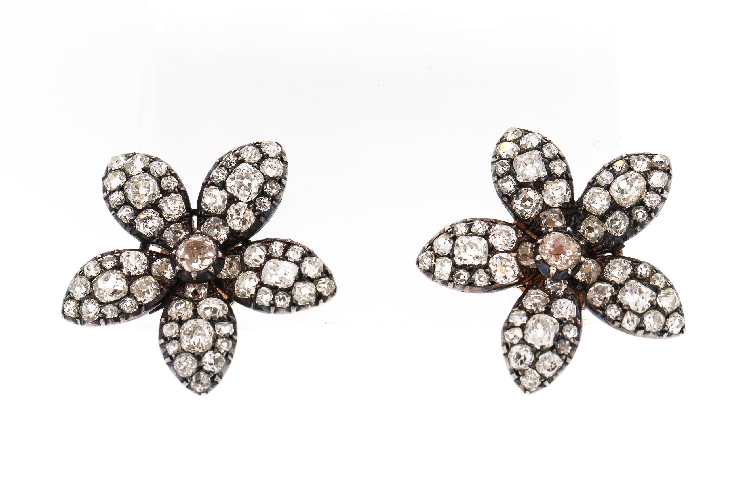 Women's or Men's Antique 19th Century Old Mine Cut Diamond Flower Earrings