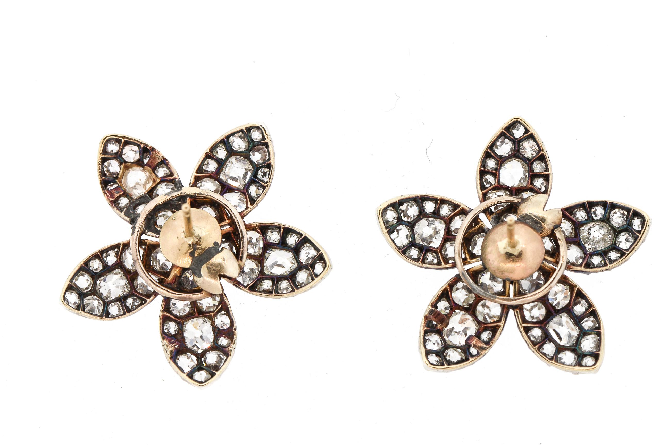 Antique 19th Century Old Mine Cut Diamond Flower Earrings 1
