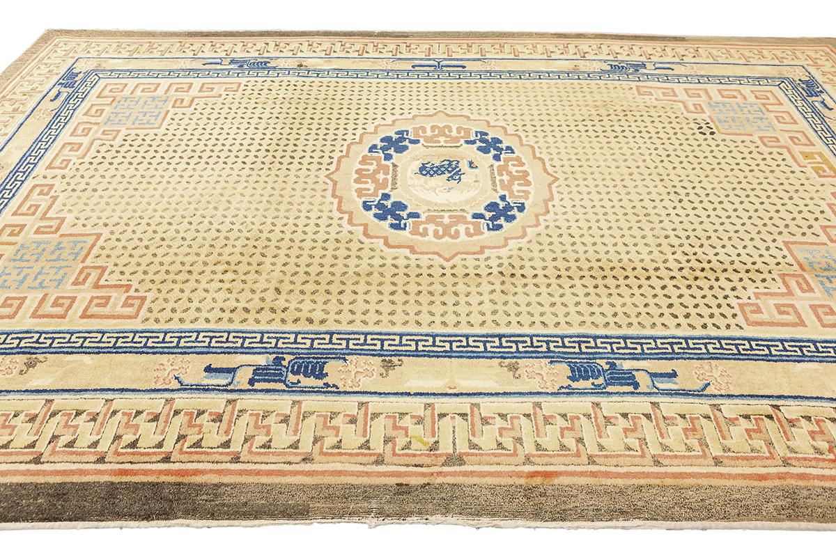 Hand-Knotted Antique Ningxia Rug Balance&Cosmic Order Design For Sale