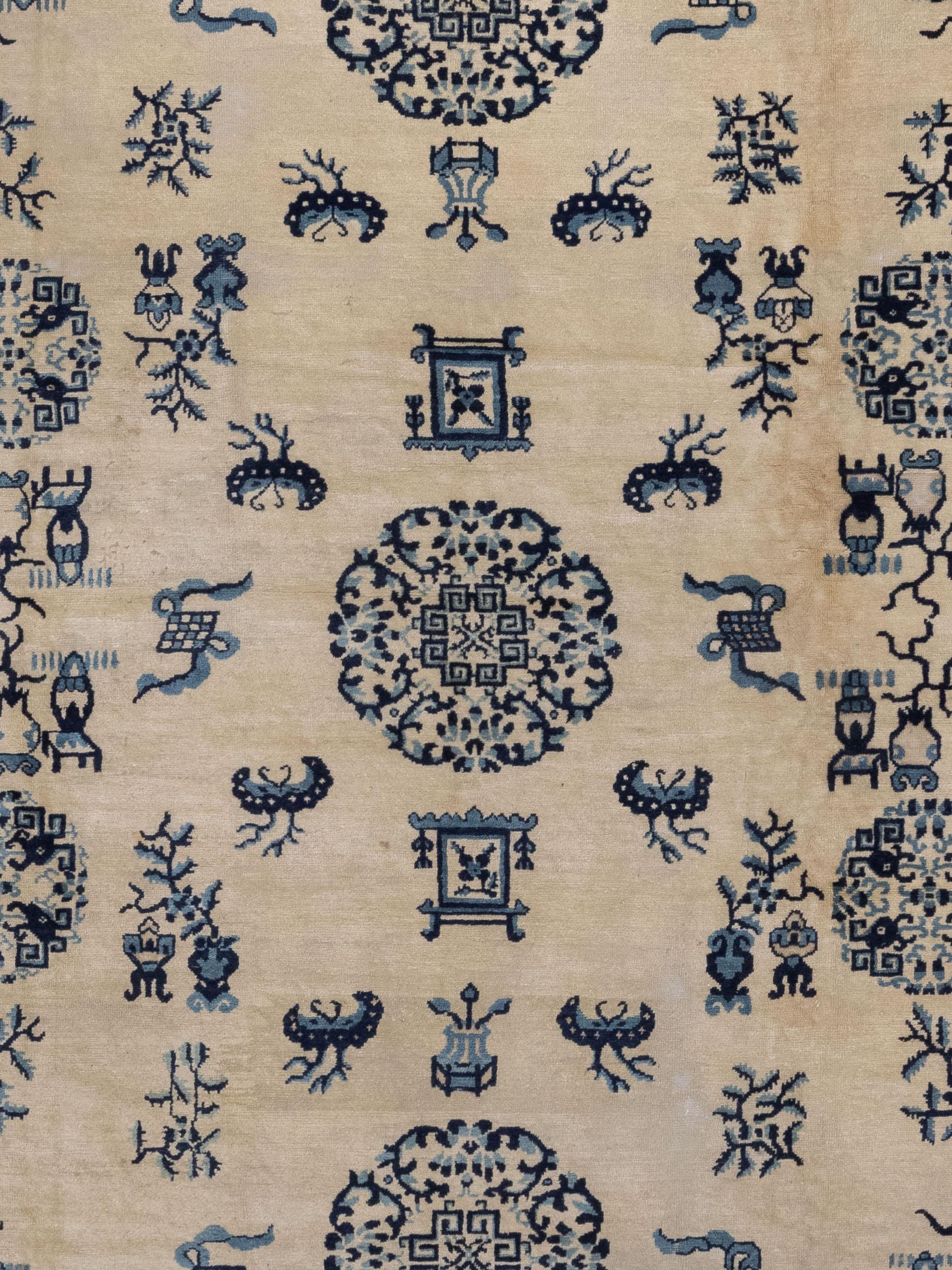 This rug originates from the city of Ningxia in western China, where a majority of the rugs come from an imperial origin. This style of rugs are characterized by their starkly contrasting colors and use of symbols like cloud-bands or dragons.