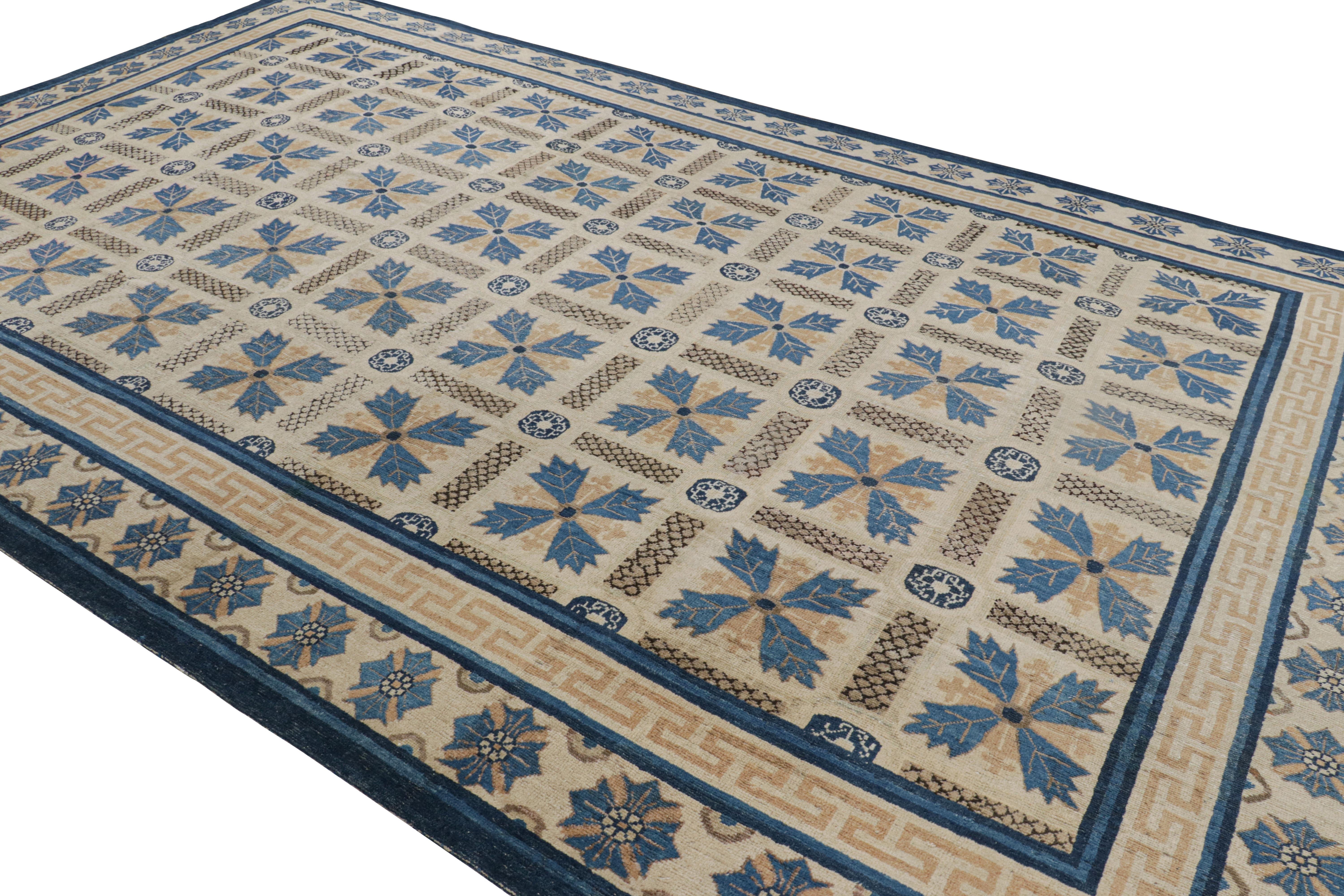 Hand-Knotted Antique Ningxia Rug in Beige-Brown and Blue Floral Patterns For Sale