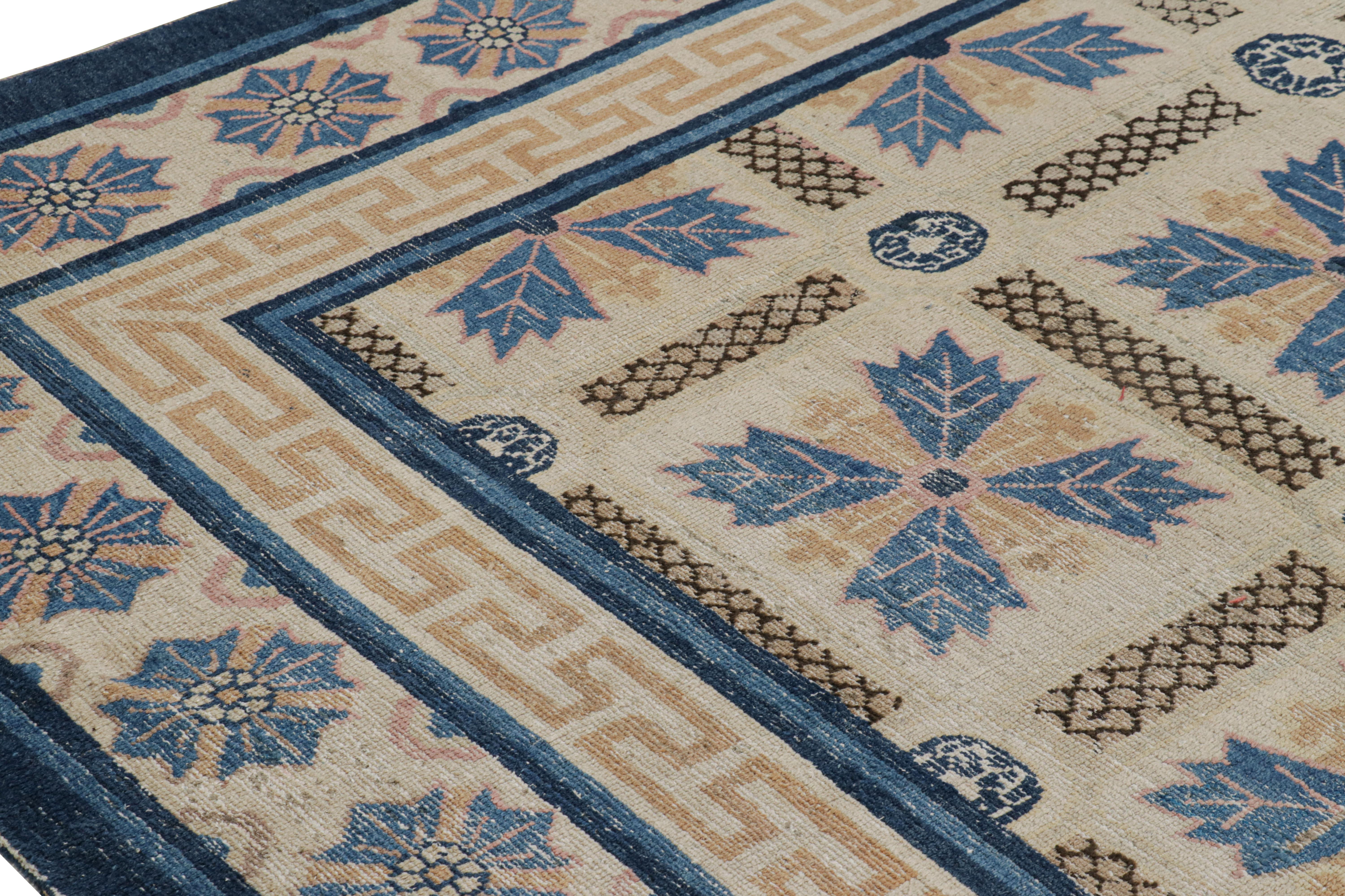Early 20th Century Antique Ningxia Rug in Beige-Brown and Blue Floral Patterns For Sale