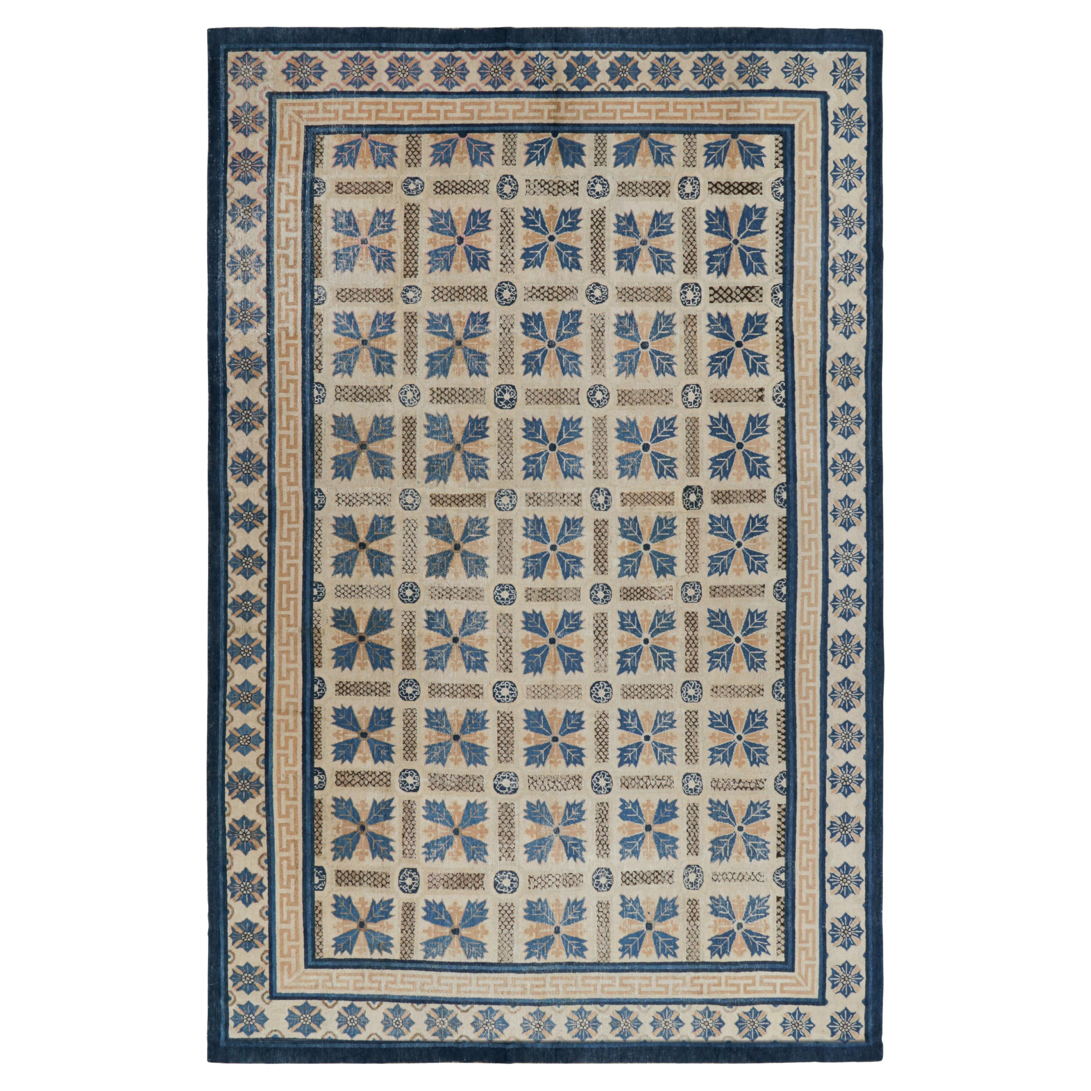 Antique Ningxia Rug in Beige-Brown and Blue Floral Patterns For Sale
