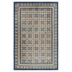 Antique Ningxia Rug in Beige-Brown and Blue Floral Patterns
