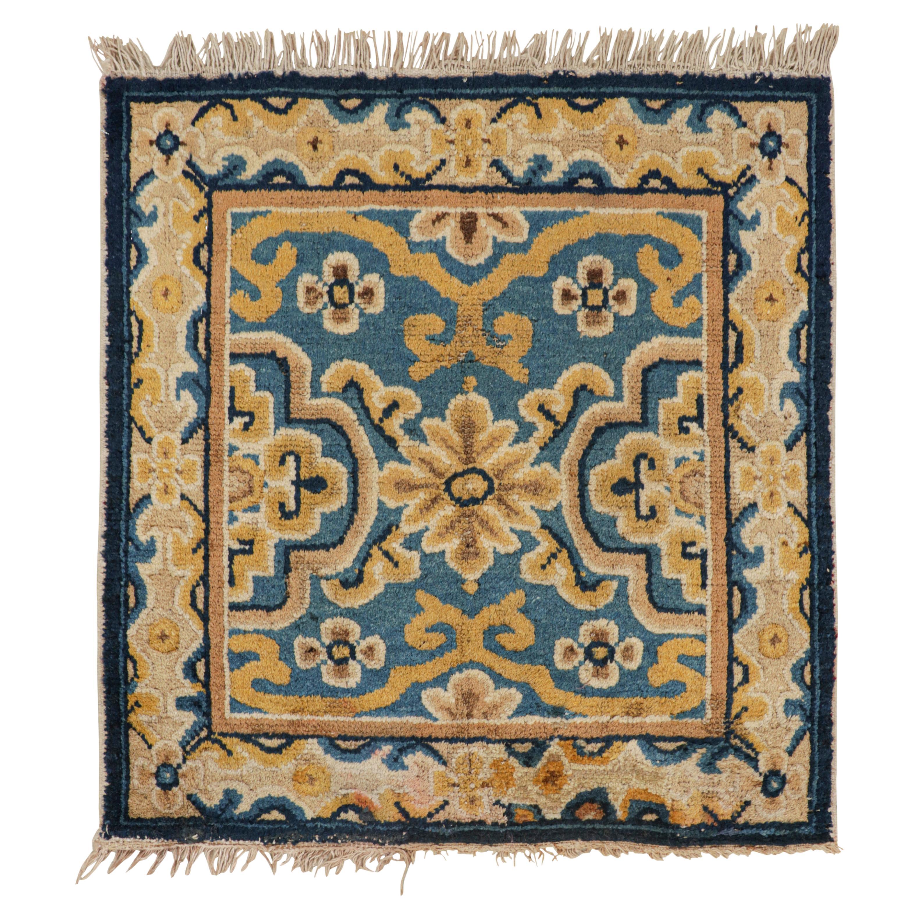 Antique Ningxia Square Rug in Blue with Gold Floral Patterns, from Rug & Kilim
