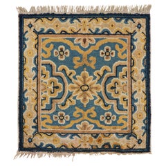 Antique Ningxia Square Rug in Blue with Gold Floral Patterns, from Rug & Kilim