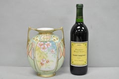Antique Nippon Art Nouveau Hand Painted Porcelain Pink Flower Twin Handle Vase