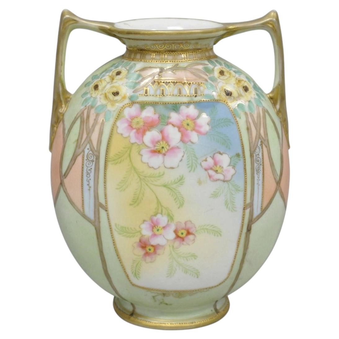 Vase ancien Nippon Art Nouveau en porcelaine peinte à la main Fleur rose à double anse