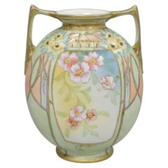 Antique Nippon Art Nouveau Hand Painted Porcelain Pink Flower Twin Handle Vase