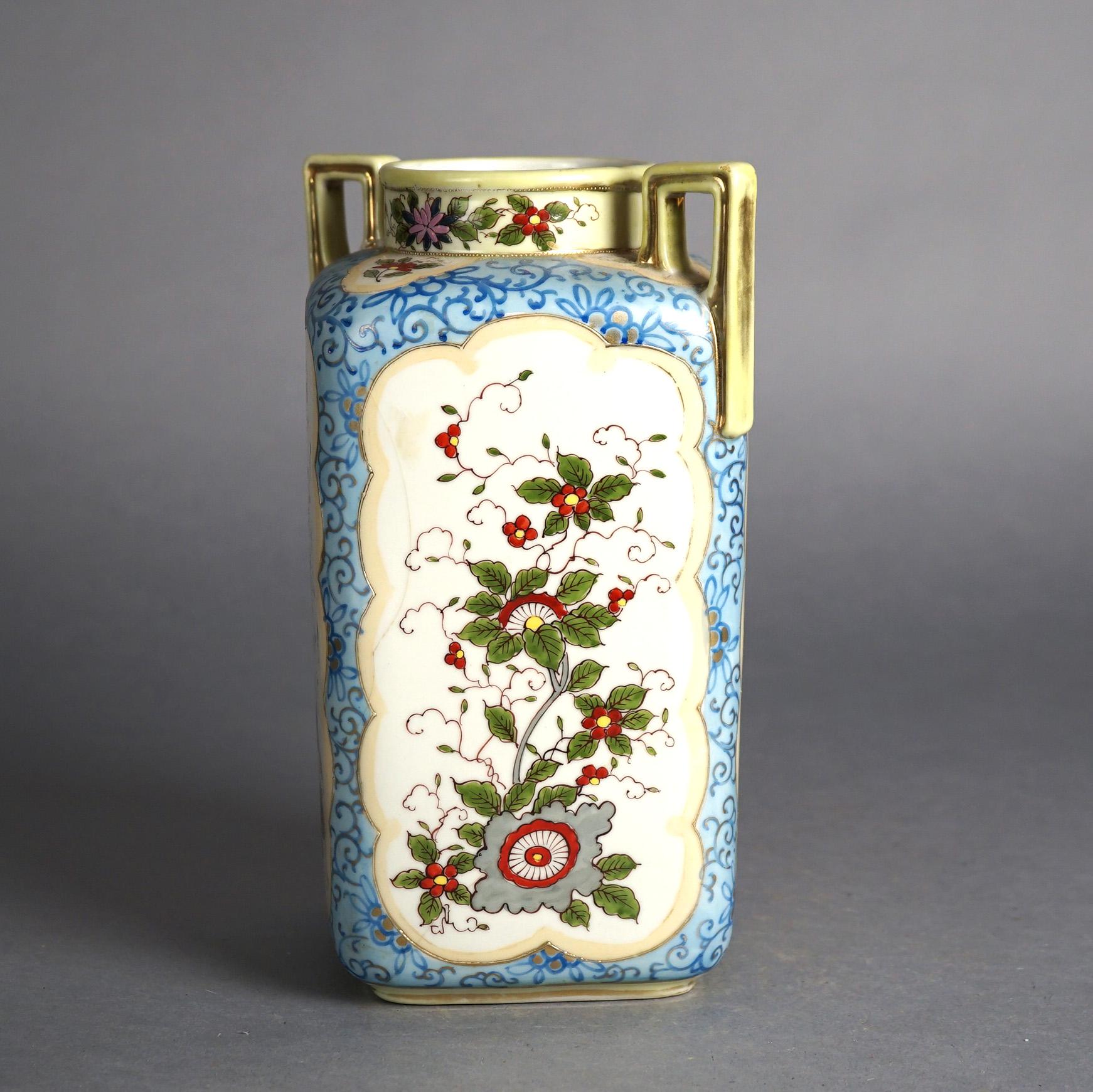 Antique Nippon Floral Hand Painted Porcelain Double Handled Vase C1920 In Good Condition For Sale In Big Flats, NY