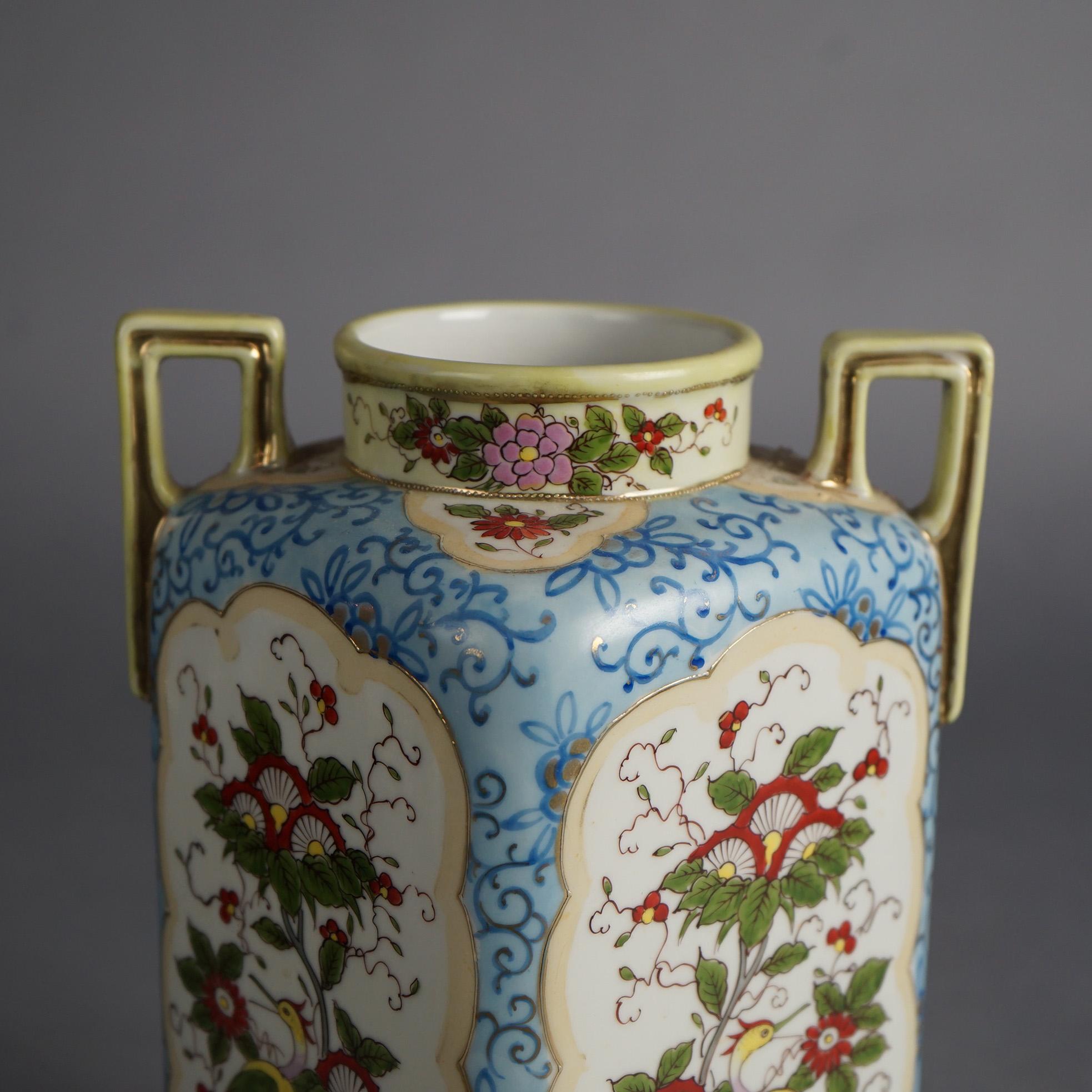 20th Century Antique Nippon Floral Hand Painted Porcelain Double Handled Vase C1920