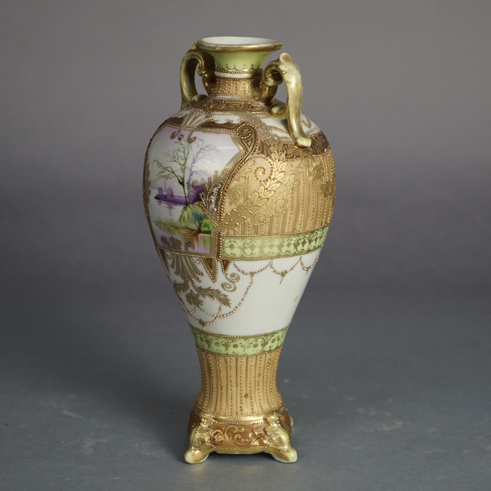 Japanese Antique Nippon Hand Enameled & Gilt Porcelain Vase with Lake Scene, C1920 For Sale