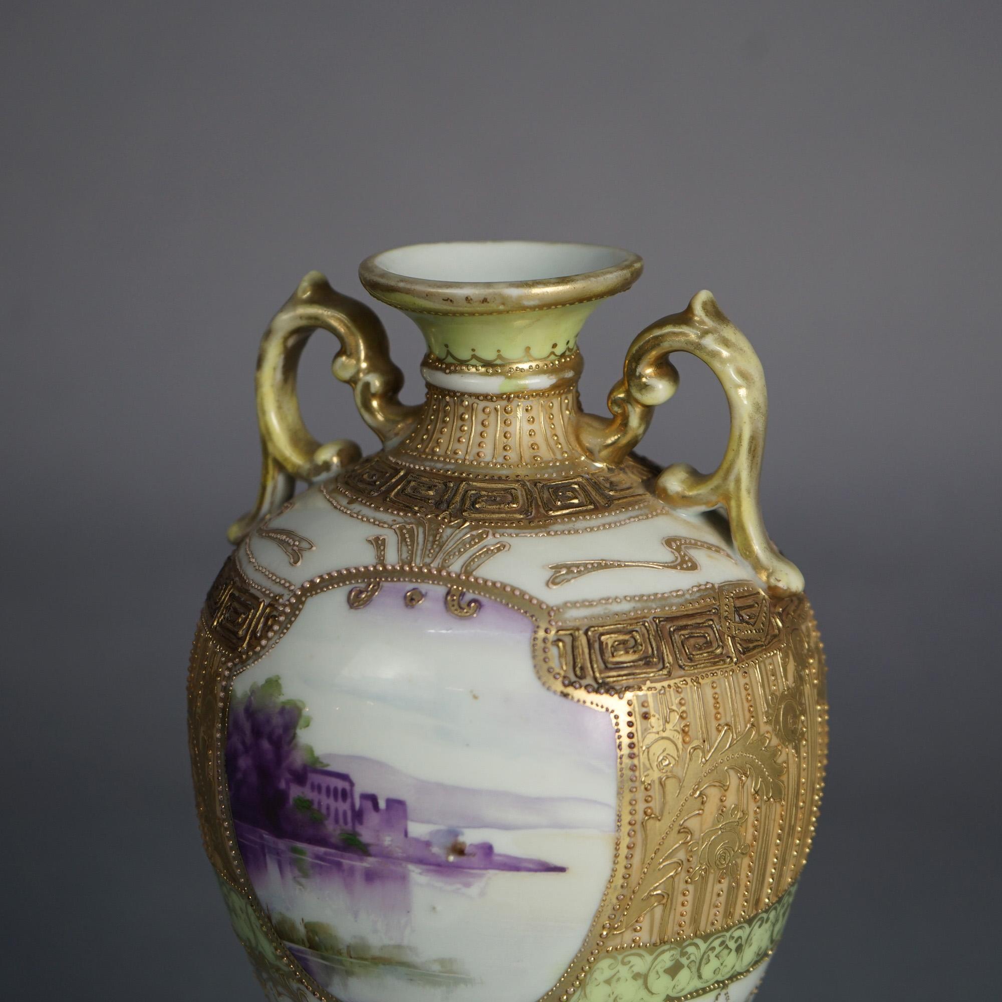 Antique Nippon Hand Enameled & Gilt Porcelain Vase with Lake Scene, C1920 In Good Condition For Sale In Big Flats, NY