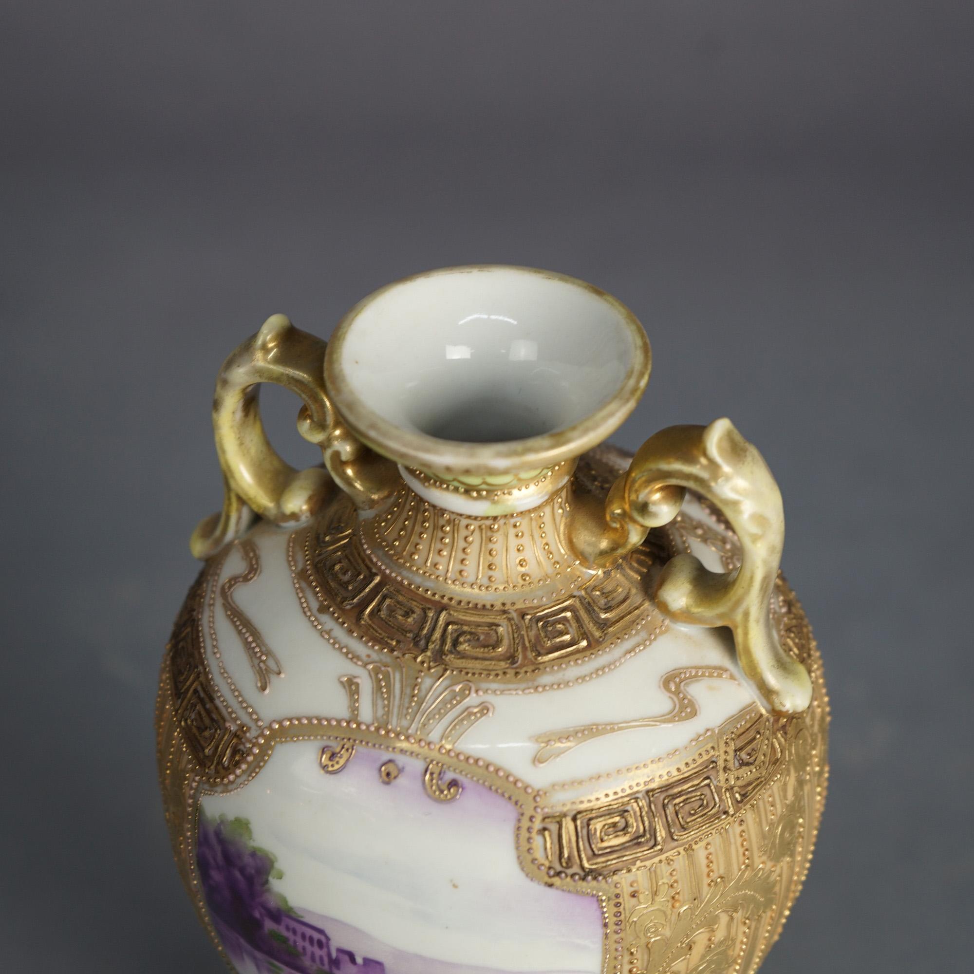 20th Century Antique Nippon Hand Enameled & Gilt Porcelain Vase with Lake Scene, C1920 For Sale