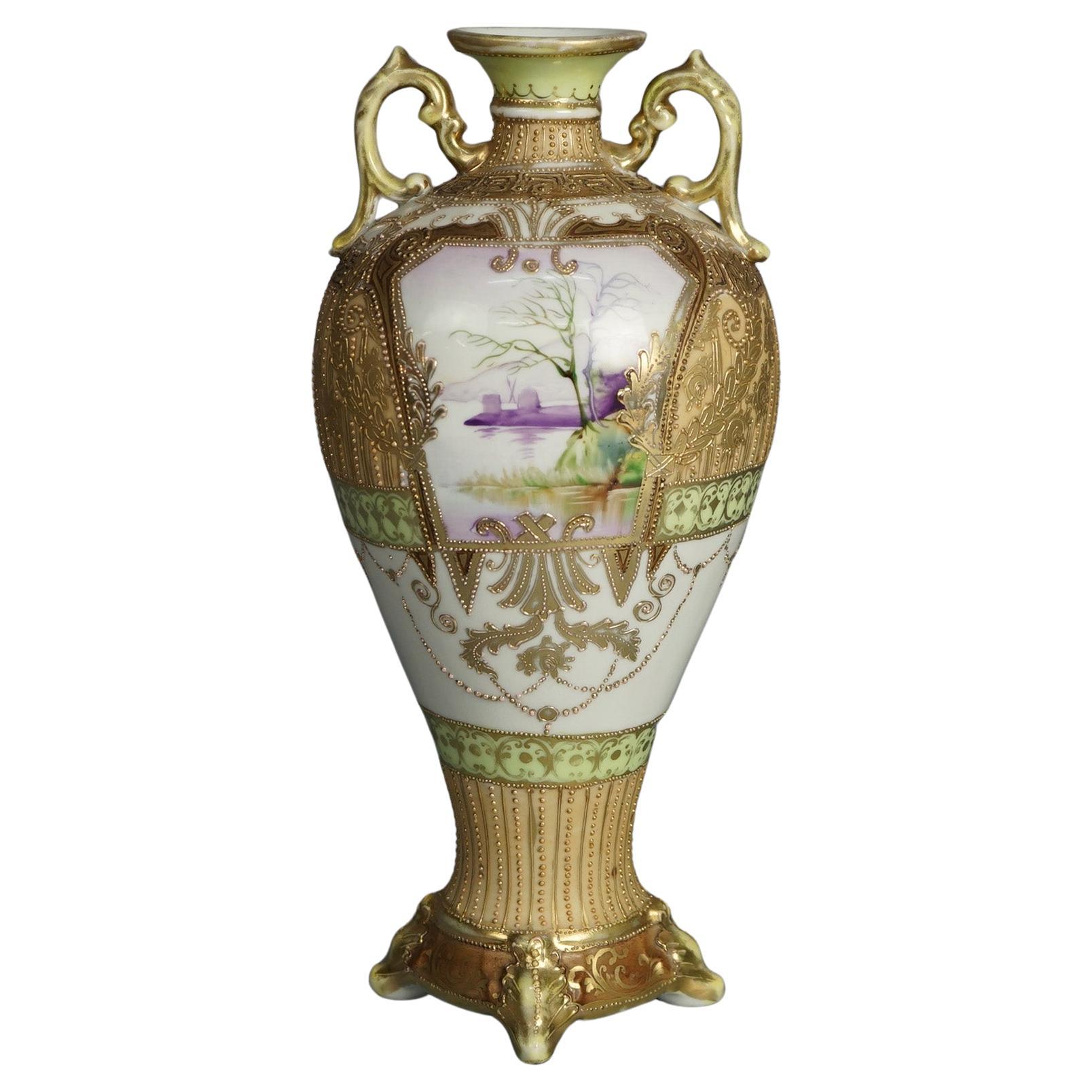 Antique Nippon Hand Enameled & Gilt Porcelain Vase with Lake Scene, C1920 For Sale
