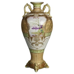 Antique Nippon Hand Enameled & Gilt Porcelain Vase with Lake Scene, C1920