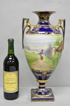 Antique Nippon Hand Painted Cobalt Blue Porcelain Twin Handle Bolted Urn Vase