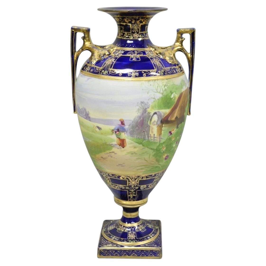 Antique Nippon Hand Painted Cobalt Blue Porcelain Twin Handle Bolted Urn Vase