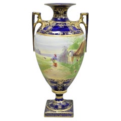 Antique Nippon Hand Painted Cobalt Blue Porcelain Twin Handle Bolted Urn Vase
