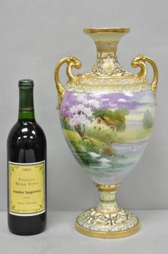 Antique Nippon Hand Painted Cottage Lake Porcelain Twin Handle Bolted Urn Vase