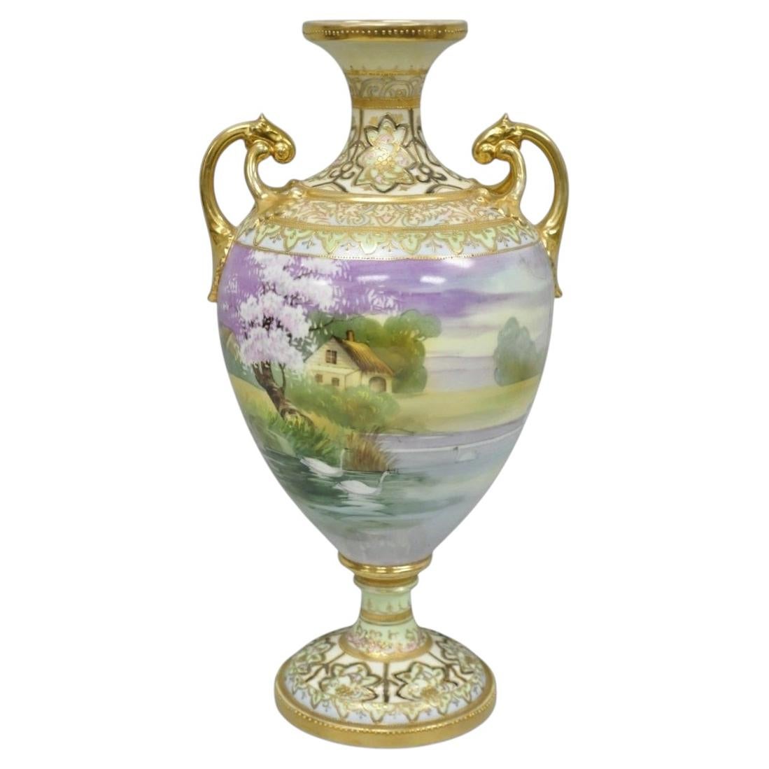 Antique Nippon Hand Painted Cottage Lake Porcelain Twin Handle Bolted Urn Vase