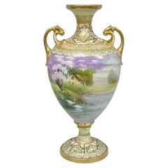 Antique Nippon Hand Painted Cottage Lake Porcelain Twin Handle Bolted Urn Vase