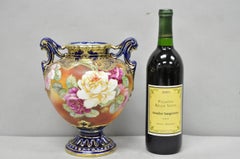 Antique Nippon Hand Painted Floral Design Cobalt Blue Porcelain Bolted Urn Vase