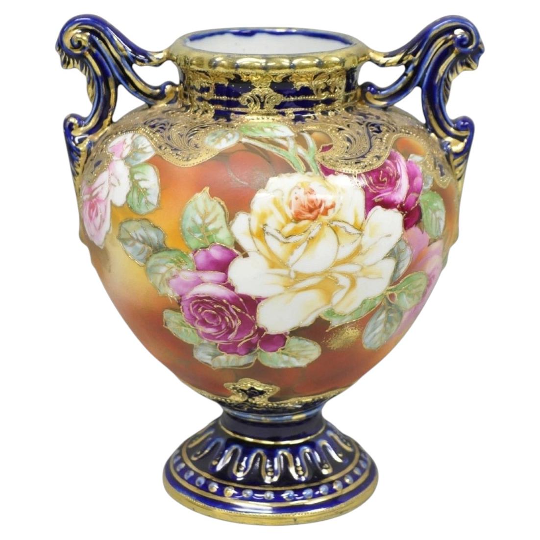 Antique Nippon Hand Painted Floral Design Cobalt Blue Porcelain Bolted Urn Vase