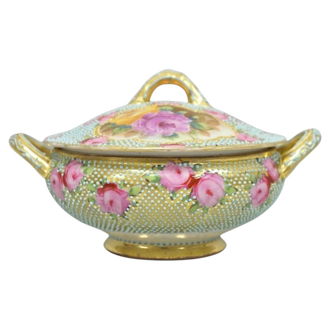 Antique Nippon Hand Painted Gold Gilt Porcelain Green Moriage Covered Sugar Bowl For Sale