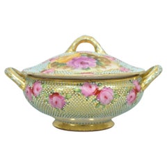 Antique Nippon Hand Painted Gold Gilt Porcelain Green Moriage Covered Sugar Bowl