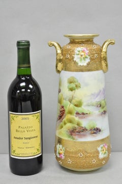 Antiguo Jarrón de Porcelana Nipón Pintado a Mano con Escena de Lago Art Nouveau de Dos Asas