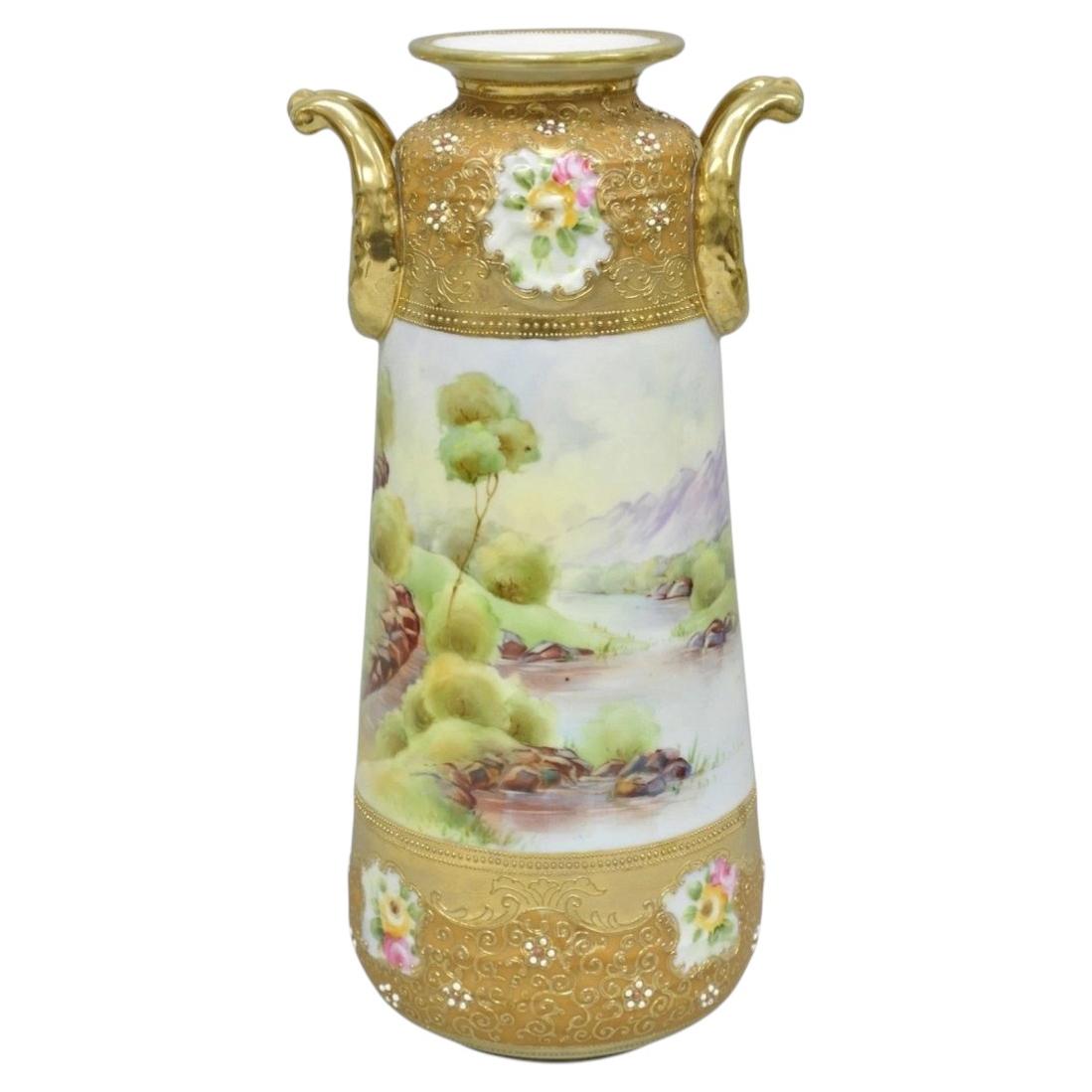 Antique Nippon Hand Painted Lake Scene Art Nouveau Twin Handle Porcelain Vase
