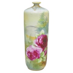 Antique Nippon Hand Painted Pink Rose & Lake Scene Small Porcelain Cylinder Vase