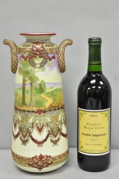 Antique Nippon Hand Painted Porcelain Countryside Moriage Tall Twin Handle Vase