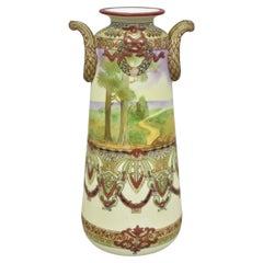 Antique Nippon Hand Painted Porcelain Countryside Moriage Tall Twin Handle Vase