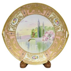 Antique Nippon Hand Painted Porcelain Gold Gilt Swan & Lake Scene Cabinet Plate
