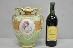 Antique Nippon Hand Painted Porcelain Green Moriage Twin Handle Portrait Vase
