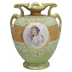 Antique Nippon Hand Painted Porcelain Green Moriage Twin Handle Portrait Vase