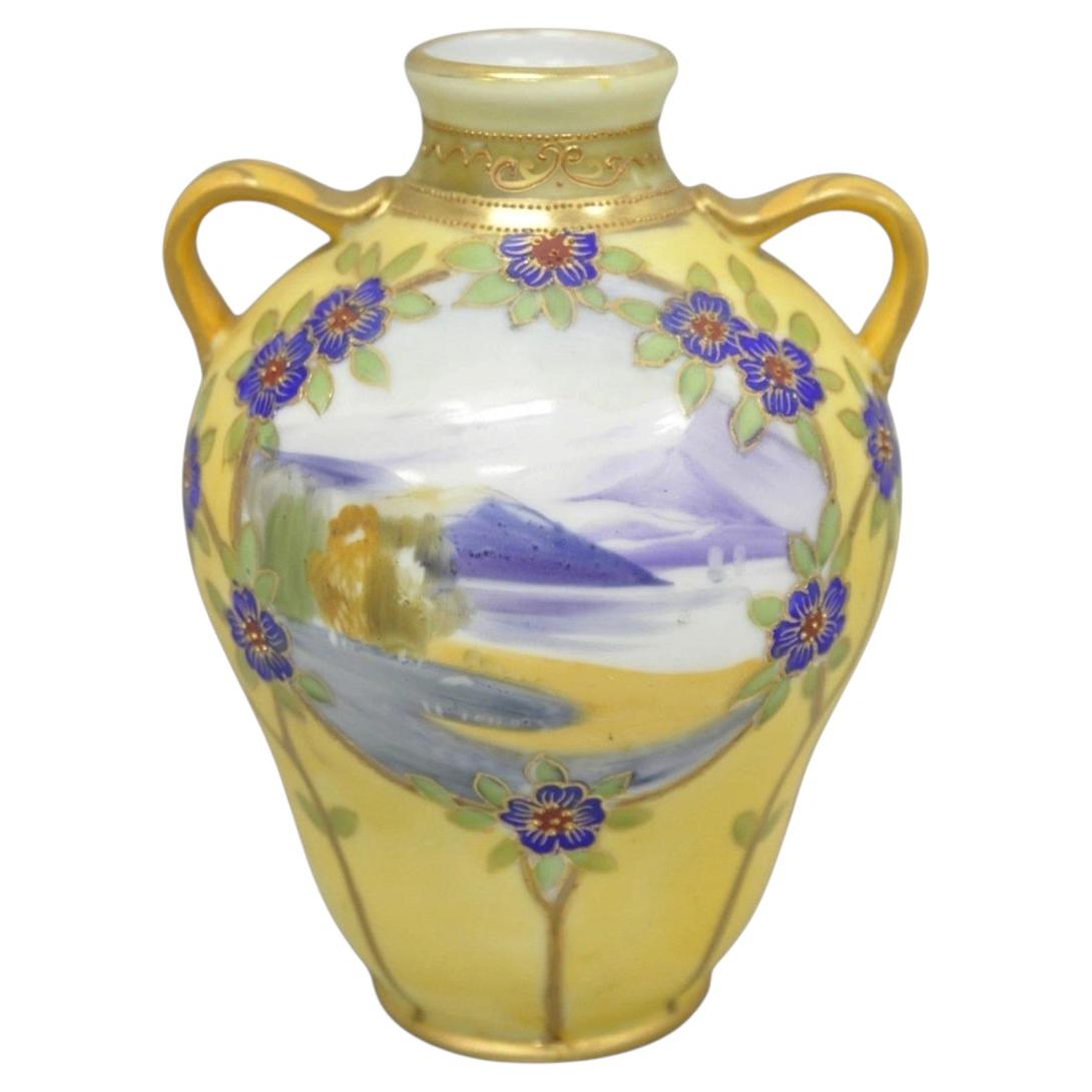 Antique Nippon Hand Painted Porcelain Moriage Mountain Scene Small Yellow Vase For Sale