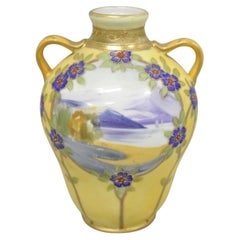 Antique Nippon Hand Painted Porcelain Moriage Mountain Scene Small Yellow Vase