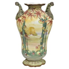 Antique Nippon Hand Painted Porcelain Moriage Twin Handle Countryside Scene Vase
