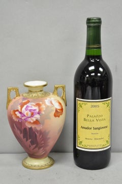 Antico vaso Nippon in porcellana dipinta a mano con manici gemelli dorati, piccolo e floreale rosa